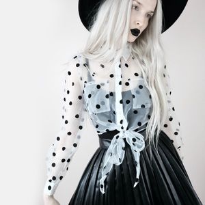 Boohoo Sheer Dot Button Up Tie Front Blouse